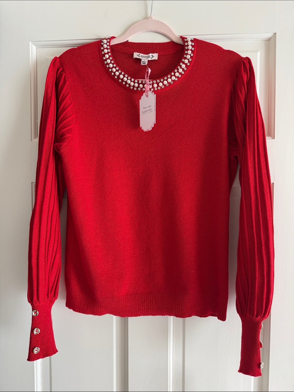 Nanette Lepore Red Pearl-Trim Crewneck Sweater